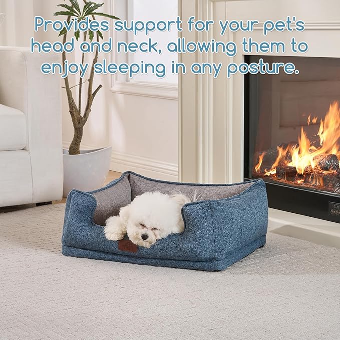 Hollypet Orthopedic Rectangle Dog Bed for Small Dogs, Supportive Egg-Crate Foam Pet Beds with Removable Washable Waterproof Cover and Non-Slip Bottom, Blue, 23" L x 19" W x 8.5" Th