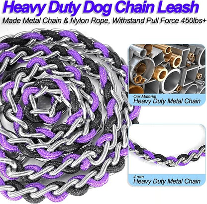 Dog Leash Rope Chain, Nylon Rope Metal Chain for Pet Leads. 6ft Heavy Duty Chew Proof Training Walking for Medium Large Dogs. (Large, Purple&Black)