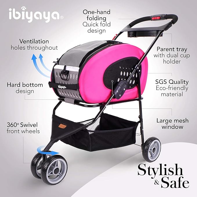 ibiyaya - Compact 5-in-1 Convertible and Foldable Small Pet Carrier and Stroller - Multifunctional Combo System Cat Stroller and Dog Stroller - Pets up to 16 Pounds - Pink