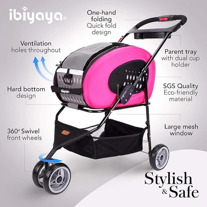 ibiyaya - Compact 5-in-1 Convertible and Foldable Small Pet Carrier and Stroller - Multifunctional Combo System Cat Stroller and Dog Stroller - Pets up to 16 Pounds - Pink