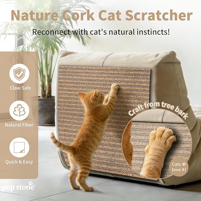 Natural Cork Cat Scratcher Mat, Self-Stick & Trimmable Furniture Protector for Couch, Door, Wall & Bed Corner, Claw-Friendly for Indoor Cats (Oak Wood, 39.4 x 11.8 Inch)
