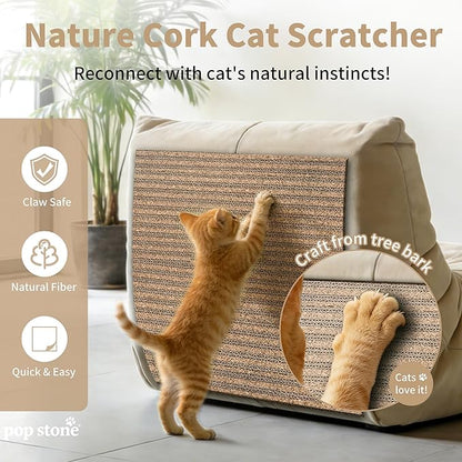 Natural Cork Cat Scratcher Mat, Self-Stick & Trimmable Furniture Protector for Couch, Door, Wall & Bed Corner, Claw-Friendly for Indoor Cats (Oak Wood, 39.4 x 11.8 Inch)