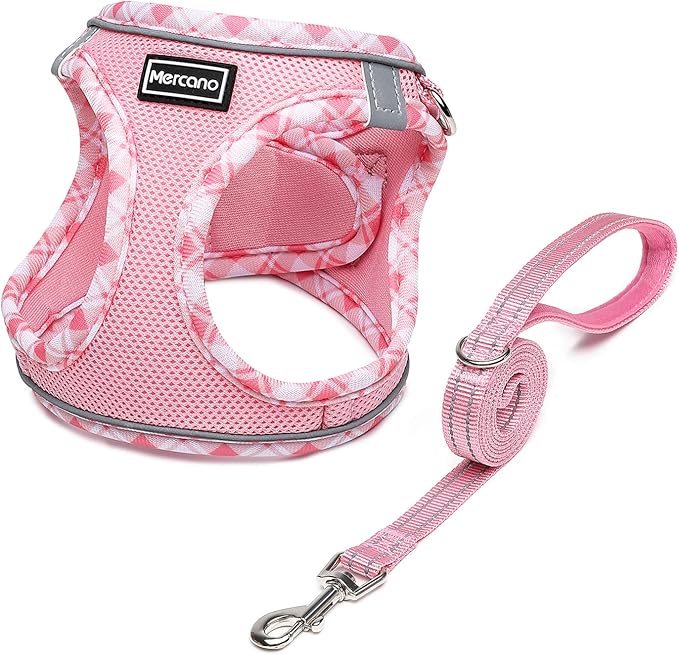 Mercano Soft Mesh Dog Harness and Leash Set, No-Chock Step-in Reflective Breathable Lightweight Easy Walk Vest Harnesses with Safety Buckle for Small Dogs, Cats (Pink, XS)