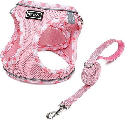 Mercano Soft Mesh Dog Harness and Leash Set, No-Chock Step-in Reflective Breathable Lightweight Easy Walk Vest Harnesses with Safety Buckle for Small Dogs, Cats (Pink, XL)