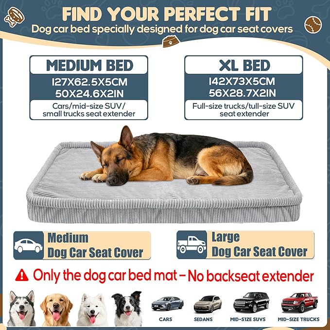 Dog Car Bed, Non-Slip Backseat Extender Pet Mat, Removable Washable Dog Bed for SUVs, Sedans & Trucks, Anti-Slip Travel Bed for Dogs, Easy Clean & Scratch-Proof & Comfort Light Gray (50"L×24.6"W×2"H))