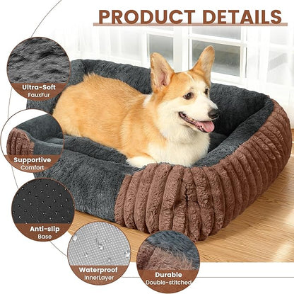 Dog Beds for Large Sized Dogs 35x28 Inch, Comfort-Sided Orthopedic Dog Bed Couch with Breathable Shredded Memory Foam, Faux Rabbit Fur Pet Bed, Non-Detachable, Non-Slip, Machine Washable
