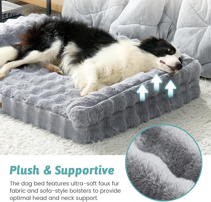 Faux Fur Orthopedic Dog Bed, Super Soft Large Dog Bed, Supportive Foam Bolster Pet Sofa with Waterproof Lining Cover, Washable U-Shaped Pet Couch with Anti-Slip Bottom Design, Grey XL 42x30x7 inch