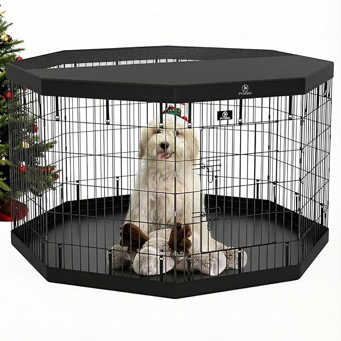 PJYuCien Dog Playpen - 8 Panels 36”H Metal Foldable Dog Exercise Pen, Pet Fence Puppy Crate Kennel Indoor Outdoor with Top Cover & Bottom Pad for Medium Large Pets