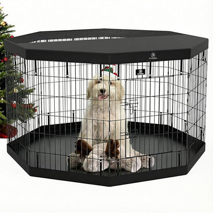 PJYuCien Dog Playpen - 8 Panels 36”H Metal Foldable Dog Exercise Pen, Pet Fence Puppy Crate Kennel Indoor Outdoor with Top Cover & Bottom Pad for Medium Large Pets