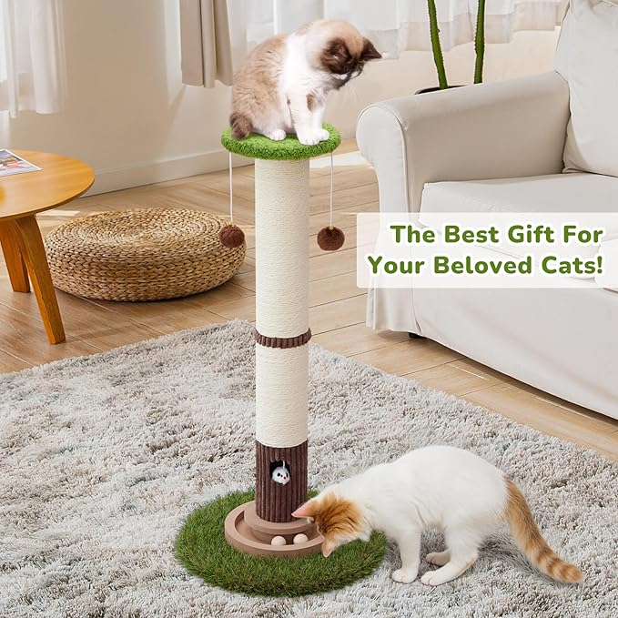 Woochpet 34inches Tall Cat Scratching Post with Cat Ball Track Toy Heavy Duty and Thicker Large Diameter Natural Sisal Cat Scratcher Post for Indoor Cats Protect Your Furniture