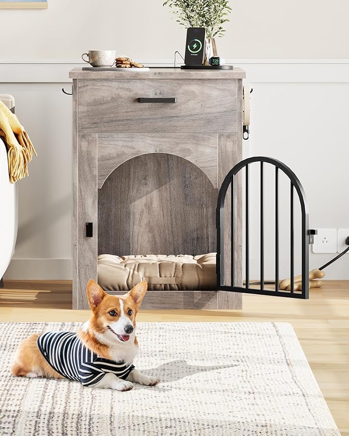 CHOEZON Dog Crate Furniture, Wooden Dog House with Charging Station and Storage Drawer, Indoor Pet Crate End Table for Small Breeds, for Living Room, Bedroom, Greige MGW01UFH