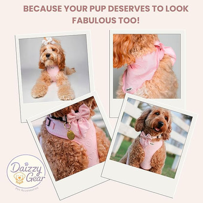 Large Dog Harness Set – Cute No Pull, All Weather, Breathable Harness and Leash Set with Collar, Bandana, Sailor Bow & Poop Bag Holder – Adjustable, Soft & Stylish – Pink Hearts on Jacquard Fabric