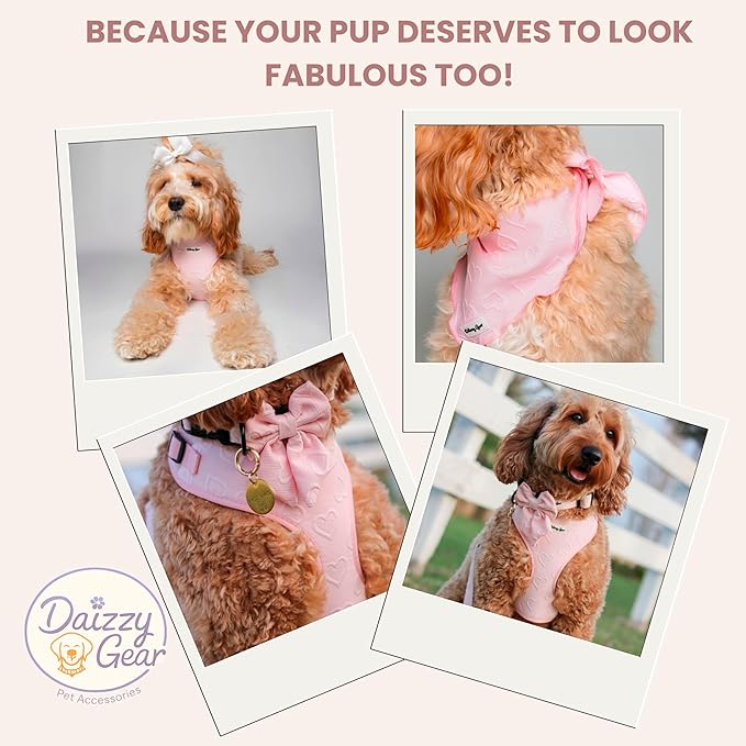 Medium Dog Harness Set – Cute No Pull, All Weather, Breathable Harness and Leash Set with Collar, Bandana, Sailor Bow & Poop Bag Holder – Adjustable, Soft & Stylish – Pink Hearts on Jacquard Fabric