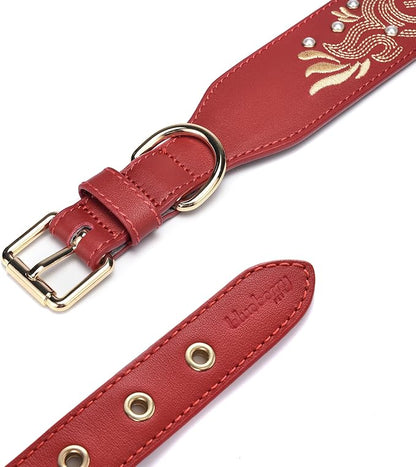 Blueberry Pet Western Leather Dog Collar - Genuine Leather with Floral Embroidery & Pearl Studs, Adjustable 18-22 Inch Neck for Large Dogs, Comfortable and Stylish Pet Collar