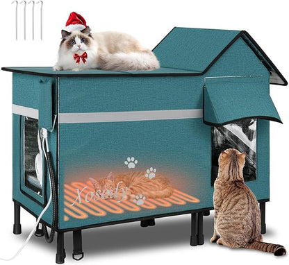 Xosody Heated Cat House for Outside Cats- 100% Weatherproof Insulated Outdoor Cat House with Heating Pad, Elevated Base & Safe Escape Door, Warm Kitty Shelter for Feral or Stray Cats in Winter