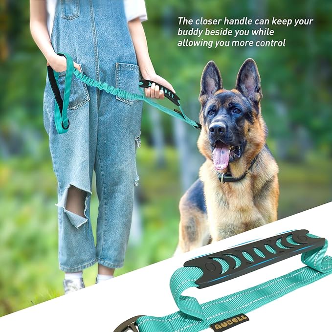 AUBELL Tactical Dog Leash Heavy Duty,4-6ft Reflective Strong No Pull Bungee Leash for Medium Large Dogs with Comfortable Padded Double Handle,Car Seat Belt,360 Degree Rotating Carabiner,Teal