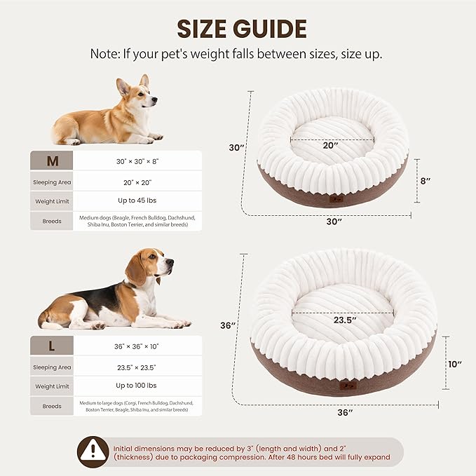 Warmrest Donut Dog Bed Medium Size Dog 36 Inch, Round Cat Beds for Small Medium Dogs and Cats with Washable Fluffy Faux Fur, Cute Comfort Pet Bed with Anti-Slip Bottom, Cream