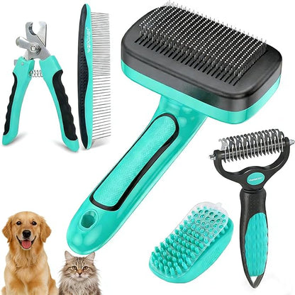 WOPQAEM 5 PCS Self Cleaning Slicker Brush & Pet Grooming Rake & Bath Brush & Nail Clippers & Pet Comb for Dogs and Cats,Professional Deshedding Dematting Tool for Long and Short Haired Pets