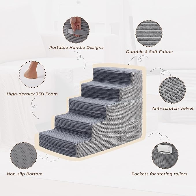 HYLEORY Dog Stairs for Bed 22.5''H, 5-Step Pet Stairs for Small Dogs Cats, Sturdy Pet Steps with Non-Slip Bottom, Functional Portable Dog Ramp for Couch/Chair/Sofa/Car, Storage Pocket, Grey-Light Grey