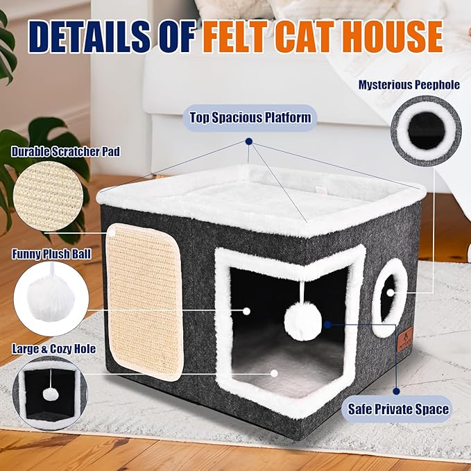 Felt Cat Cave Beds for Indoor Cats, Foldable Cat Hideaway with Scratch Pad and Fluffy Ball, Large Covered Cat House with Reversible Cushion for Multi Small Pet