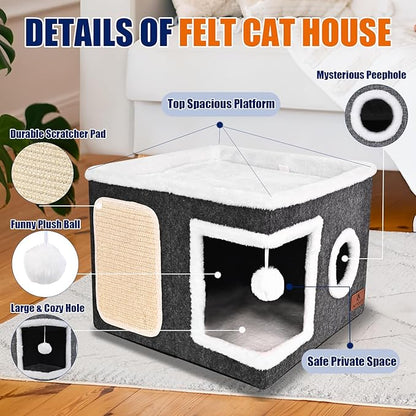 Felt Cat Cave Beds for Indoor Cats, Foldable Cat Hideaway with Scratch Pad and Fluffy Ball, Large Covered Cat House with Reversible Cushion for Multi Small Pet