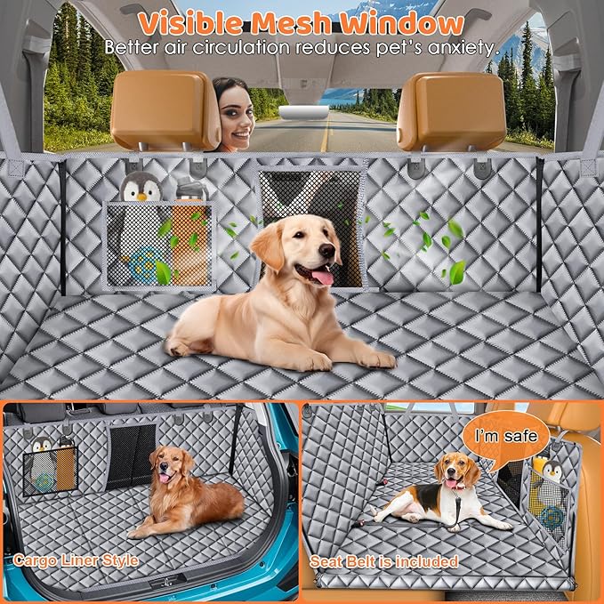 URPOWER Backseat Extender for Dogs - Hard Bottom Dog Car Seat Cover for Back Seat, Dog Hammock for Car and SUV, Pet Rear Seat Protector Dogs Travel Bed with Mesh Window & Side Flaps