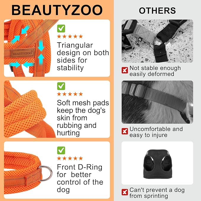 BEAUTYZOO Dog Harness for Small Dogs, No Pull Dog Harness and Leash Set, Escape Proof Puppy Vest Harness with Handle, Reflective Breathable Mesh Padded Harness for Girl Boy Dogs, Orange XXS