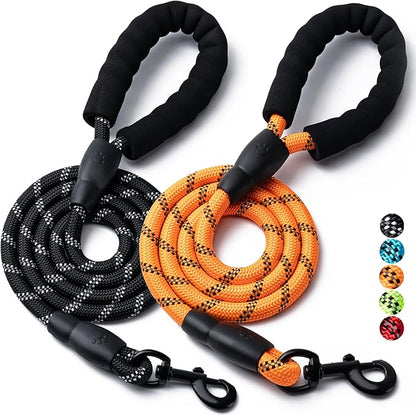 2 Pack Dog Leash, 4/5//6 FT Heavy Duty Nylon Rope Pet Leashes with Comfortable Padded Handle, Reflective Dog Leashes for Small Medium and Large Dogs (6FT-1/2,Black/Orange)
