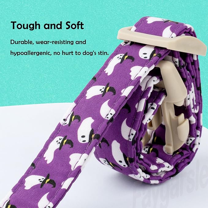 Faygarsle Halloween Dog Collar with Charm, Purple with Ghost Pattern, Adjustable Pet Collar for Small Medium Large Dogs,M