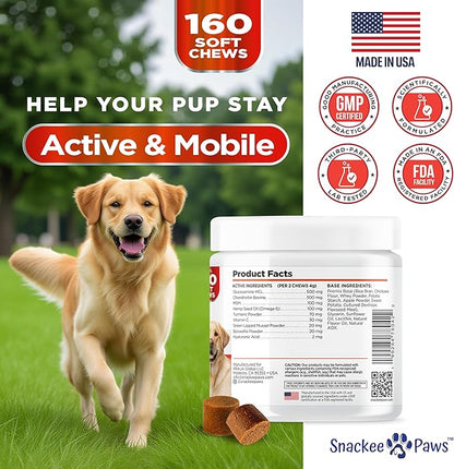 Hip and Joint Supplement for Dogs - Glucosamine for Dogs - Approx 160 Joint Pain Relief Chews - Chondroitin, MSM - Hemp Oil - Advanced Canine Health Supplement - Mobility Support Treats