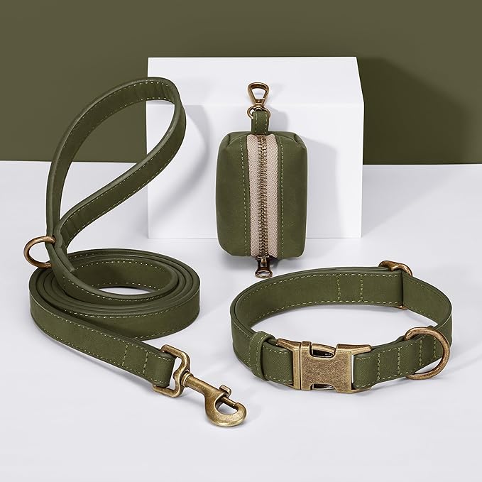 Didog Soft PU Leather Dog Collar, Stylish Quick Released Dog Collars for Small Dogs, Easy Clean Adjustable Pet Collar for Daily Walking, Dark Green, S Fit 10-16" Neck