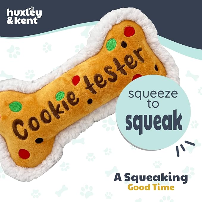 Huxley & Kent Funny Dog Toy w/Squeaker – Holiday Power Plush Squeaky Dog Toys for Small, Medium & Large Dogs – Soft Stuffed Animal for Indoor Play & Fetch - Cookie Tester Bone, Small