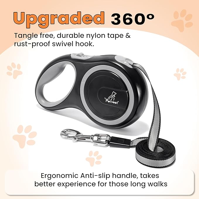 PetVest Retractable Dog Leash – Extendable up to 16 FT, Heavy Duty Nylon Tape, No-Tangle, One-Handed Brake & Lock, for Small to X-Large Dogs up to 110 lbs (Black)