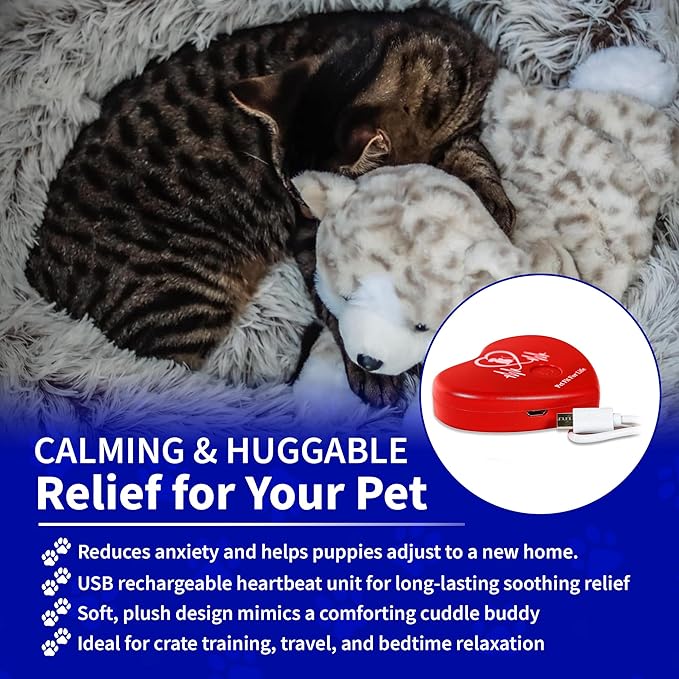 Pet Fit For Life Stuffed Animal for Cats - Calming Sleep Aid with USB Rechargeable Heart Beat & Heat Pack for Anxiety Relief - Huggable Kitty Soother, Original Cuddle Plush Toy for Crate Training
