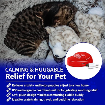 Pet Fit For Life Stuffed Animal for Cats - Calming Sleep Aid with USB Rechargeable Heart Beat & Heat Pack for Anxiety Relief - Huggable Kitty Soother, Original Cuddle Plush Toy for Crate Training