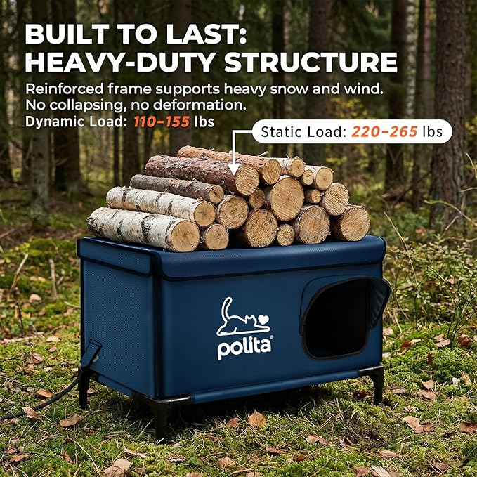 Polita Indestructible Heated Cat House for Outdoor Cats in Winter, Extremely Insulated & 100% Weatherproof, Elevated Feral Cat Shelter with Waterproof Eaves & Safe Escape Door for Stray & Barn Cats