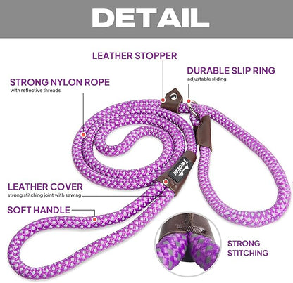 TwoEar 6FT Slip Lead Dog Leash, Heavy Duty Slip Leash for Dogs with Highly Reflective, Strong Rope Slip Leads No Pull Pet Training Leashes for Small Dogs (3/8", Purple)