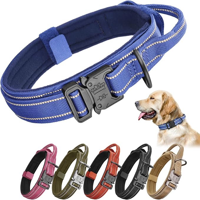 KCUCOP Tactical Dog Collar for Medium & Large Dogs - Military Nylon Heavy Duty Collar with Handle, Reflective Strip & Metal Buckle for Training, Outdoor (Reflective Dark Blue, Medium)