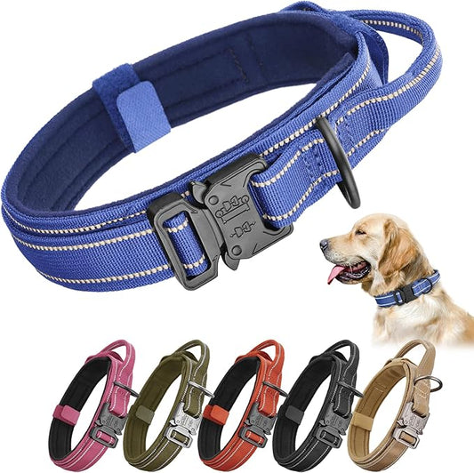 KCUCOP Tactical Dog Collar for Medium & Large Dogs - Military Nylon Heavy Duty Collar with Handle, Reflective Strip & Metal Buckle for Training, Outdoor (Reflective Dark Blue, Medium)