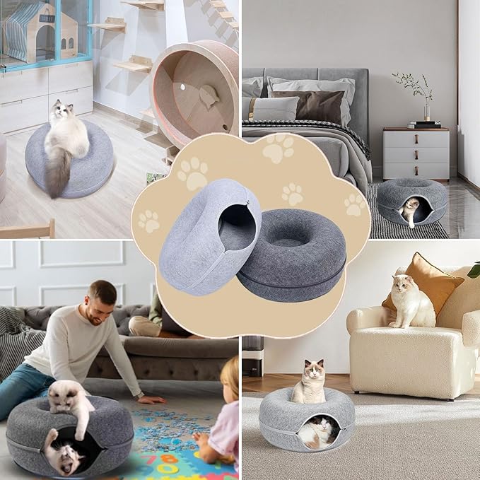 ZVGV Tunnel Bed for Indoor,cattasaurus Peekaboo cat cave for Multiple,Detachable Felt Felt Washable Interior for Indoor Cats,Donut Tunnel -24inch(Light Gray) (Light Gray + Dark Gray)