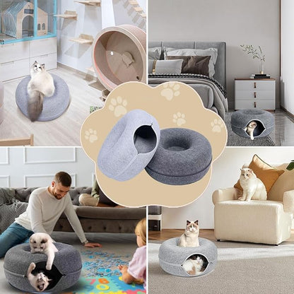ZVGV Tunnel Bed for Indoor,cattasaurus Peekaboo cat cave for Multiple,Detachable Felt Felt Washable Interior for Indoor Cats,Donut Tunnel -24inch(Light Gray) (Light Gray + Dark Gray)