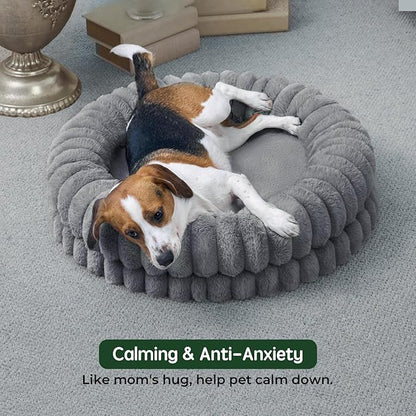 BALANCE Luxury Donut Dog Bed, 30 Inches Round Dog Bed Medium Size Dogs Washable, Orthopedic Calming Dogs Bed for Pets with Anti-Slip Bottom, Gray