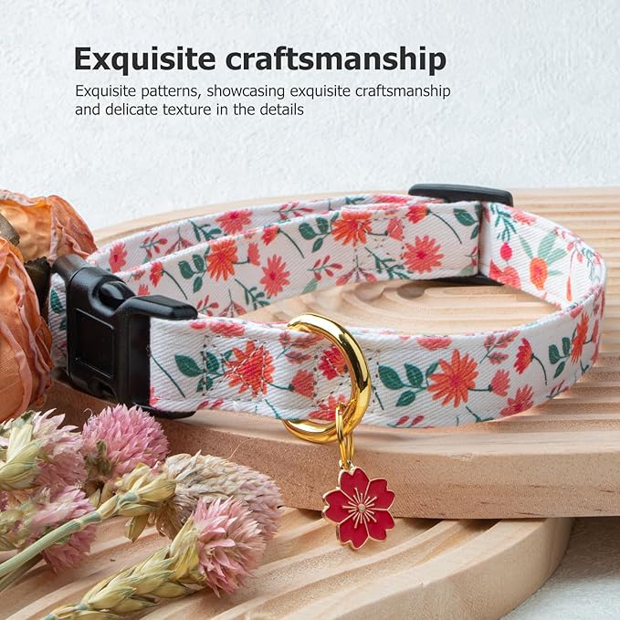 Cotton Handmade Dog Collar Cute and Distinctive Patterns Red and White Flower with Pendant for Girl Boy Dogs Collars M
