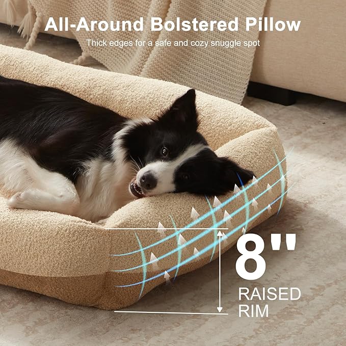 FURTIME Washable Dog Bed Large Sized Dogs, Washable Comfy Fluffy Large Dog Bed, Removable Zipper Cover Machine Wash, Soft Orthopedic Bed Durable Pet Cuddler with Anti-Slip Bottom, 36"x27"x8", Beige
