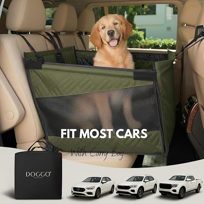 Premium Dog Car Seat & Back Seat – Waterproof & Non-Slip Travel Hammock with Storage Pockets | Secure & Comfortable Pet Seat Cover for Large & Medium Dogs – Fits Cars, SUVs & Trucks (Green)