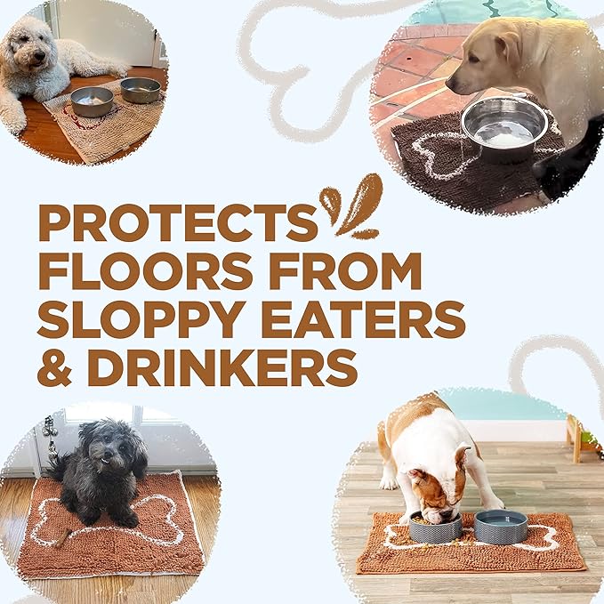 Soggy Doggy Slopmat - Caramel Brown/Oatmeal Bone - 18” x 24″ - Water Absorbing Door Mat for Muddy Paws and Food/Water Bowls - Microfiber Chenille Small Doormat - Machine Washable