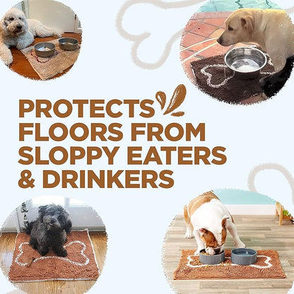 Soggy Doggy Slopmat - Caramel Brown/Oatmeal Bone - 18” x 24″ - Water Absorbing Door Mat for Muddy Paws and Food/Water Bowls - Microfiber Chenille Small Doormat - Machine Washable