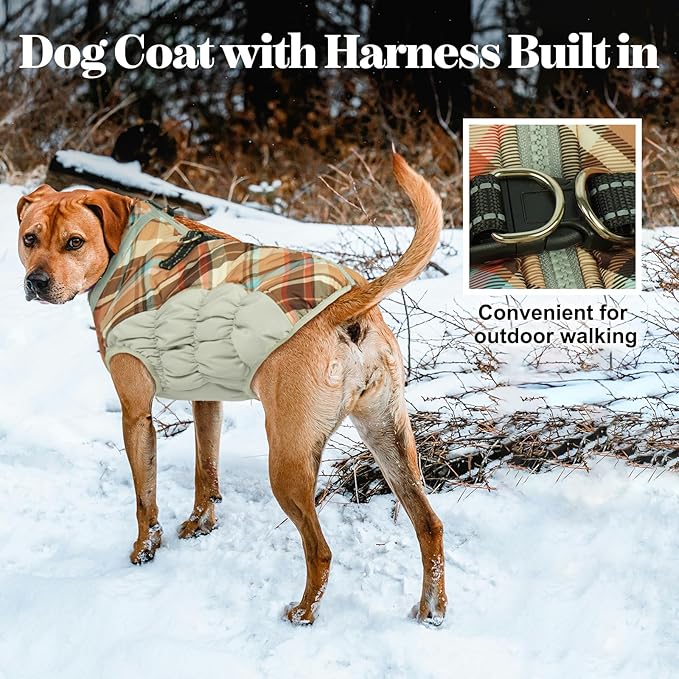 Lelepet Warm Dog Winter Coat Dog Coats for Small Dogs Waterproof Dogs Jacket with Harness Built in Reflective Cold Weather Coats Windproof Zip-Up Winter Fleece Vest Snowsuit Yorkie Brown Plaid S