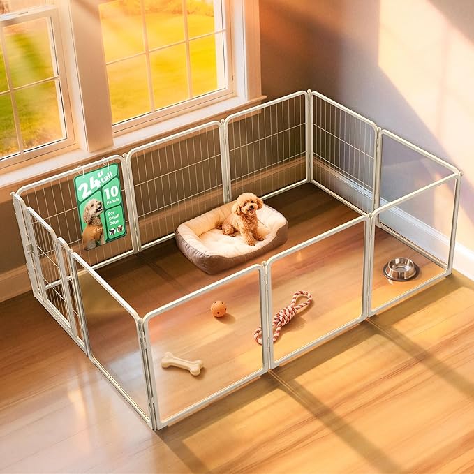FXW Acrylic & Wire Mesh Indoor Dog Playpen, Heavy Duty 24 Inch 10 Panels Metal Dog Pen for Puppy and Small Dogs, White│Patented