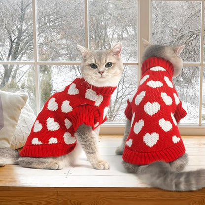 KOOLTAIL Cat Turtleneck Sweater - Soft Knit Cat Christmas Sweater, Heart Love Pattern, Thick Warm Cold Weather Clothes for Small to Large Kittens & Puppies, Red